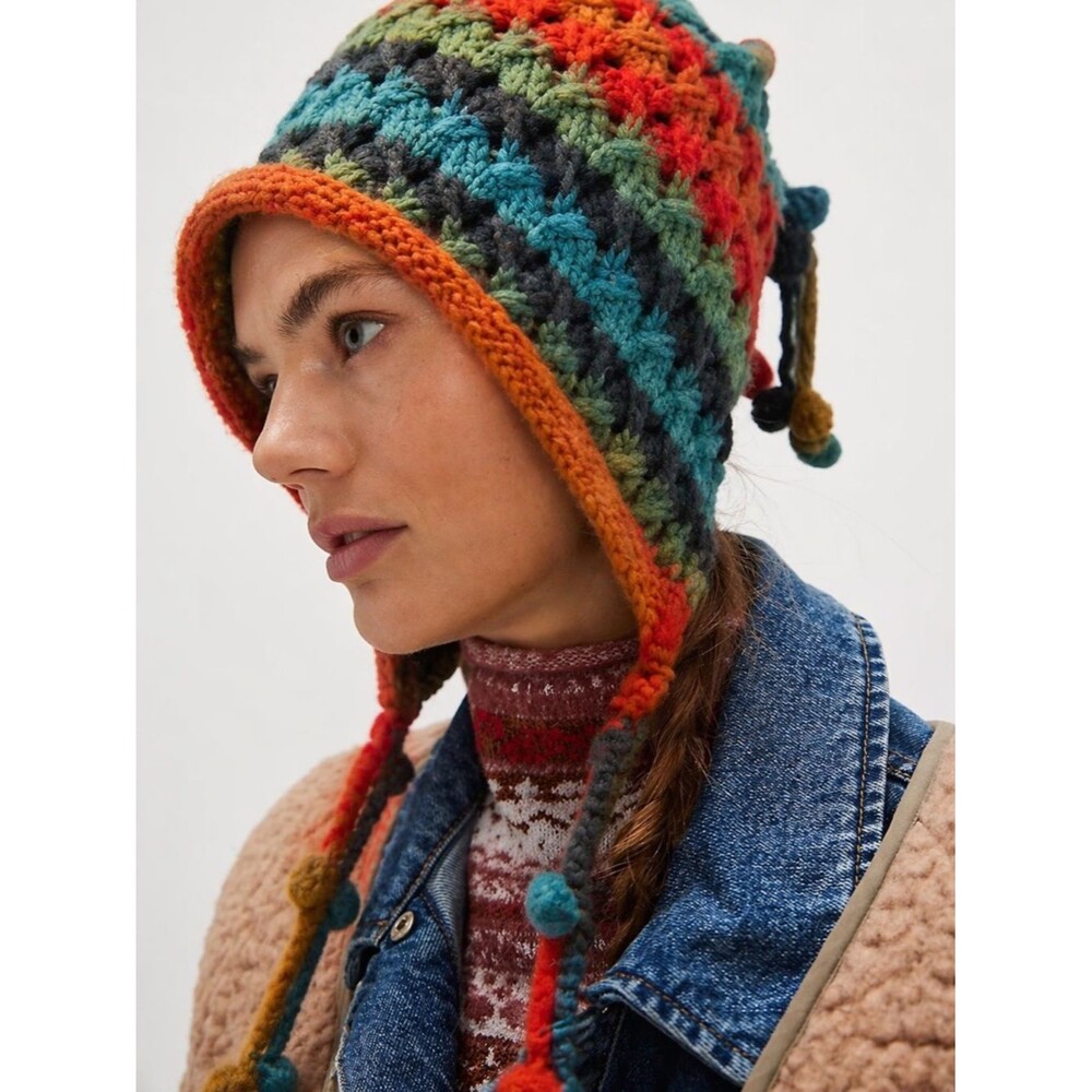 Striped Knit Earflap Hat with Pom-Tie Accents Red, Blue & Green OS Boho Casual